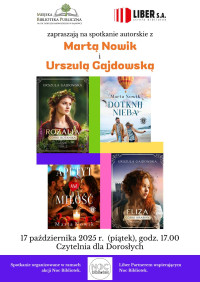 Noc bibliotek 2025: Spotkanie z Martą Nowik i Urszulą Gajdowską - autorkami powieści obyczajowych i historycznych.