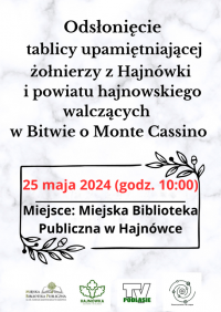 Odsłonięcie tablicy upamiętniającej żołnierzy walczących w Bitwie o Monte Cassino