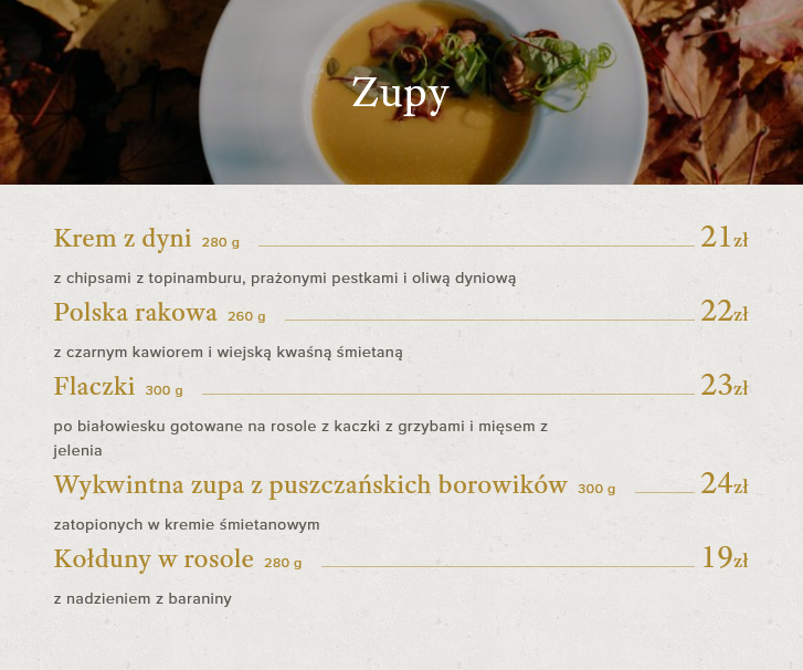 zupy Menu Hotel Zubrowka Bialowieza