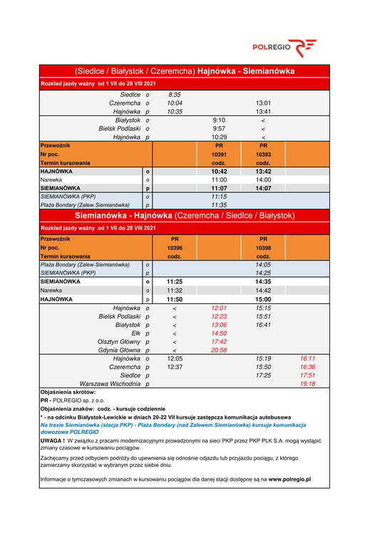 Rozklad jazdy pociagow Bialystok Czeremcha Hajnowka Siemianowka wazny 1.VII 28.VIII 1