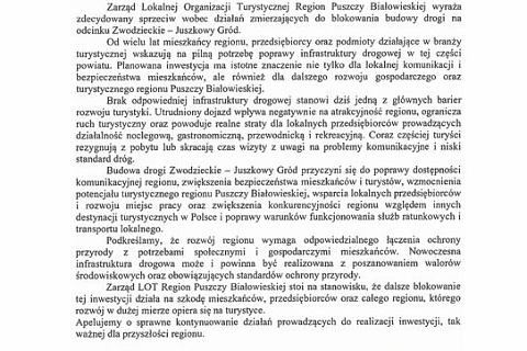 STANOWISKO Zarządu Lokalnej Organizacji Turystycznej Region Puszczy Białowieskiej w sprawie blokowania budowy drogi Zwodzieckie – Juszkowy Gród.